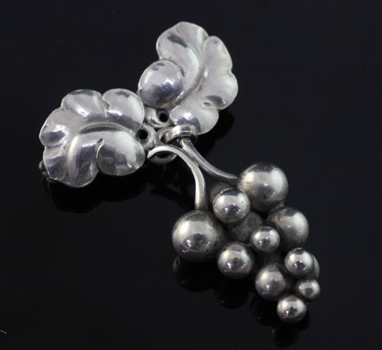 A mid 20th century Georg Jensen sterling silver leaf and grapes drop brooch, design no. 217A, 1.75in.